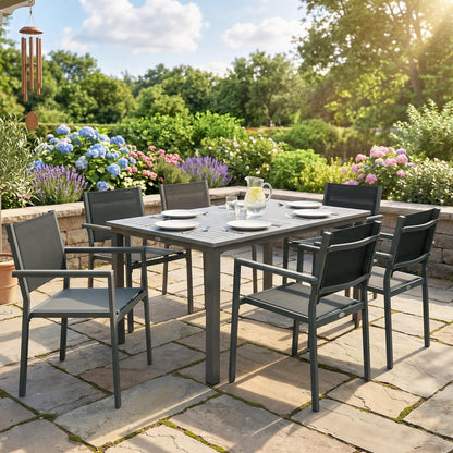 Garden Dining Set with Acacia Wood Table Top, Outdoor Table and Stackable Chairs Set for 6 with Texteline Seat, for Patio, Conservatory, Terrace, Grey