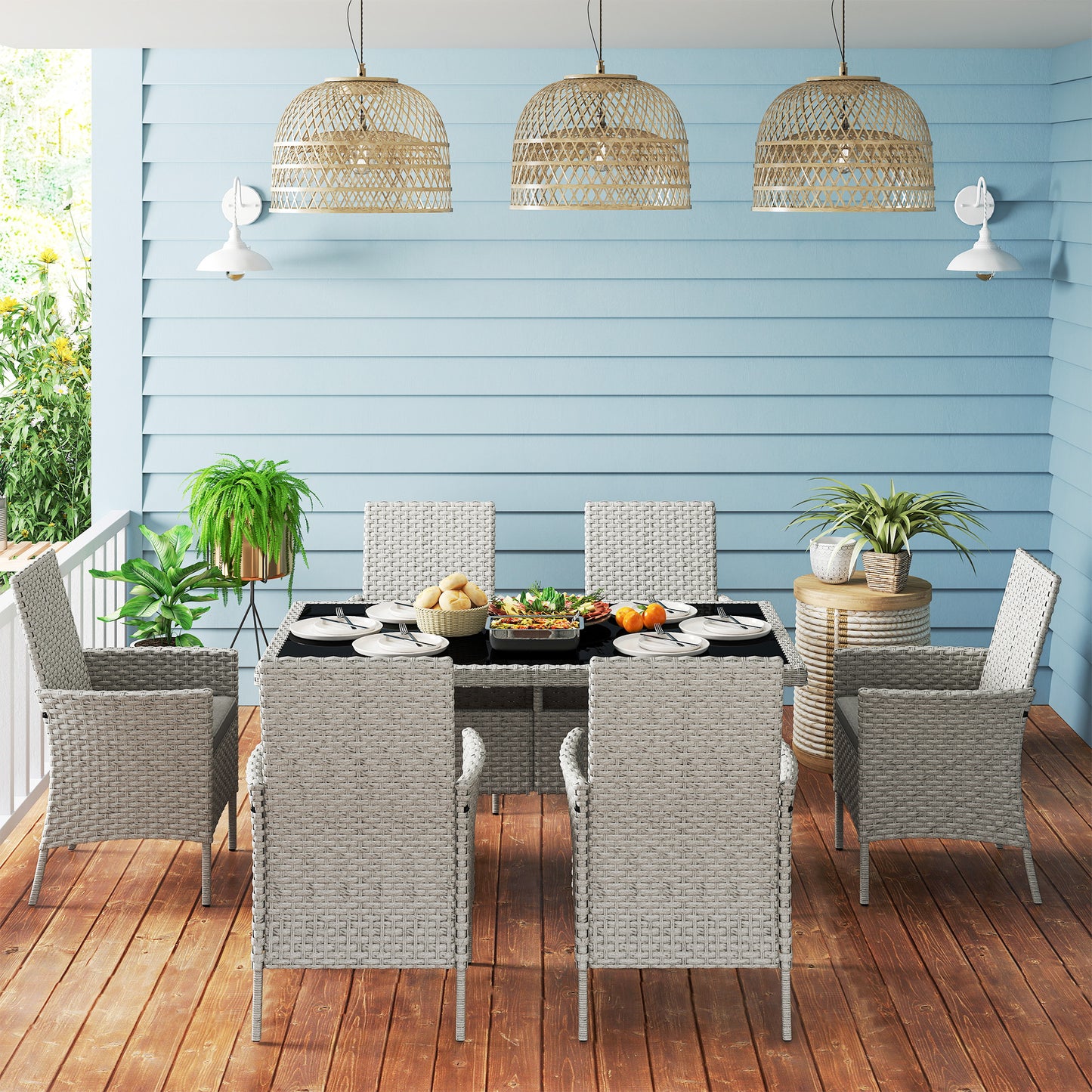 6 Seater Rattan Garden Furniture Set with Cushions, Grey