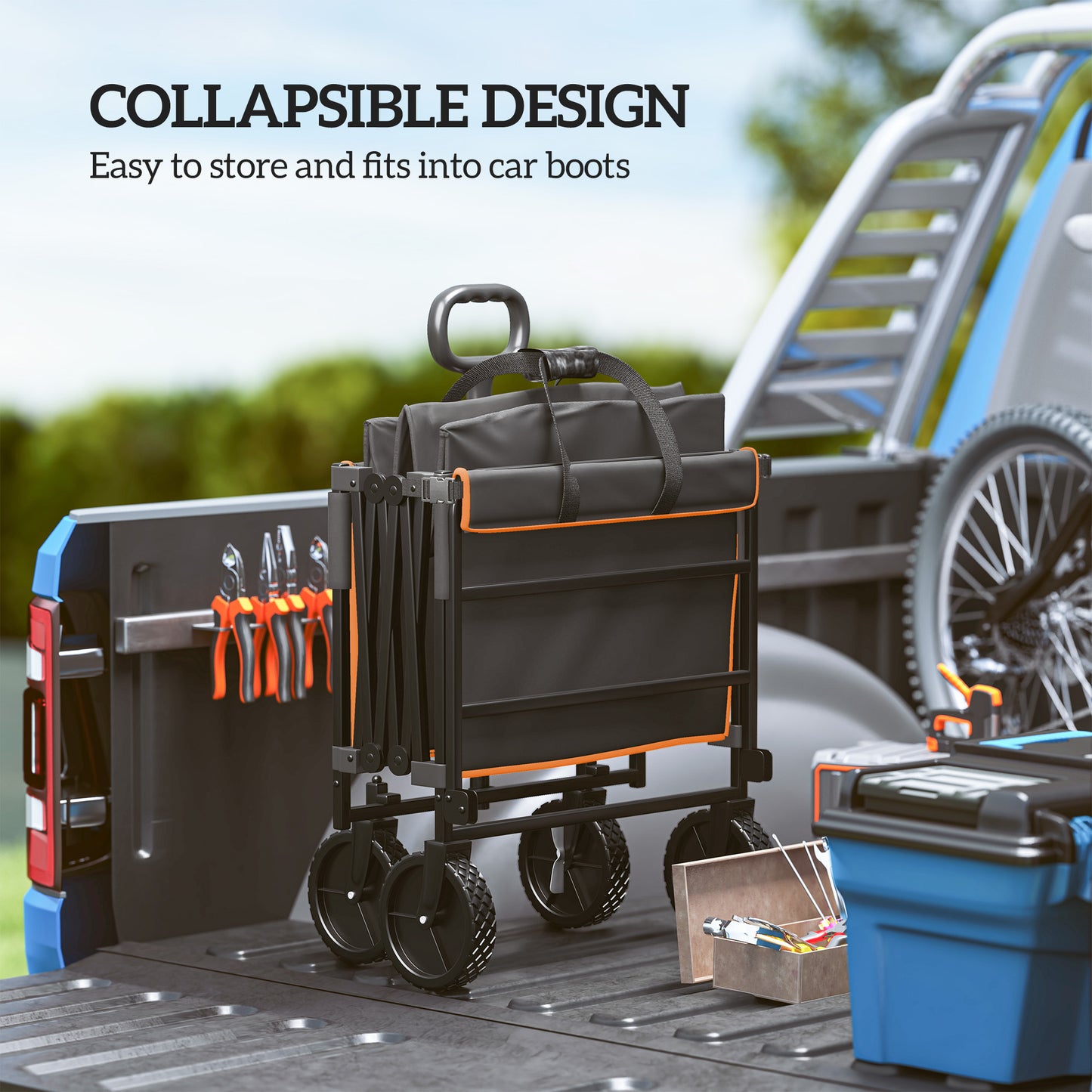 160L Folding Trolley Cart w/ Adjustable Handle, Black and Orange