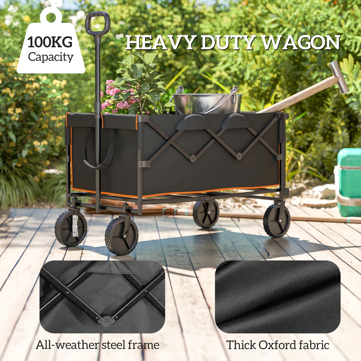 160L Folding Trolley Cart w/ Adjustable Handle, Black and Orange