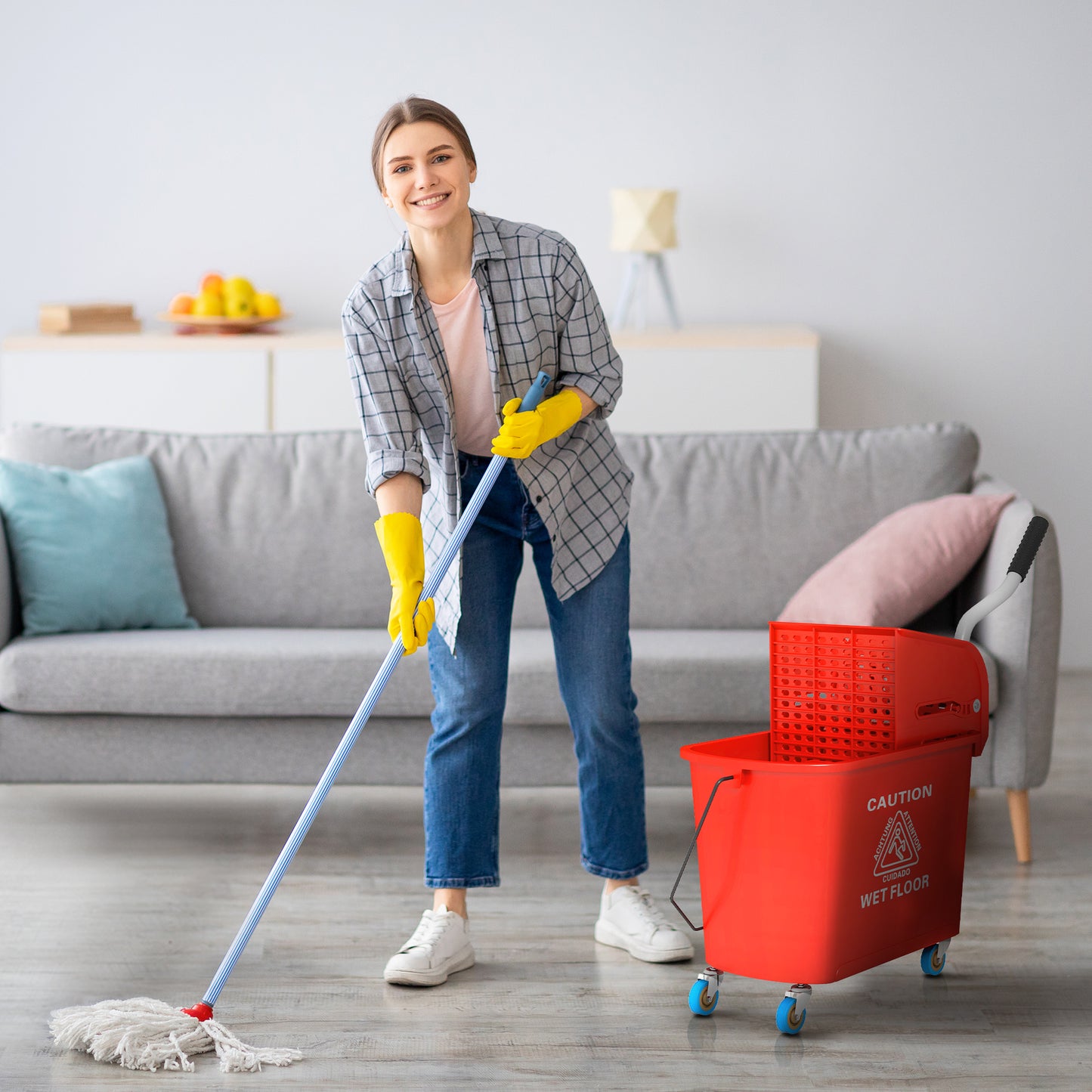 20L Mop Bucket with Wringer Handle on Wheels for Floor Cleaning Red