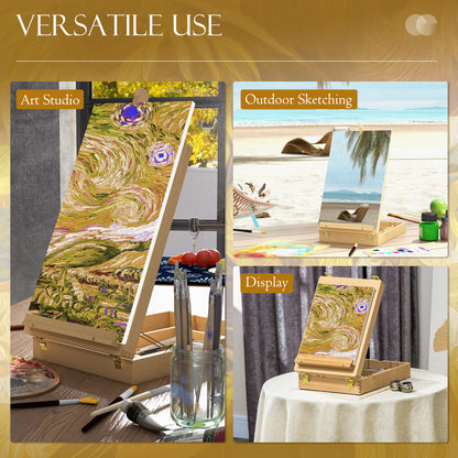 Wooden Table Easel Box Hold Canvas up to 61cm, Adjustable Beechwood Storage Table Box Easel, Portable Folding Artist Drawing & Sketching
