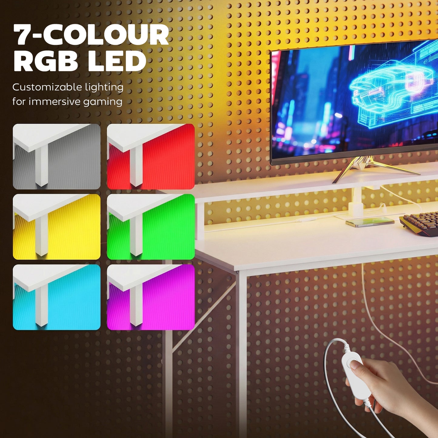 147cm Gaming Desk with Charging Station and RGB Lights, White