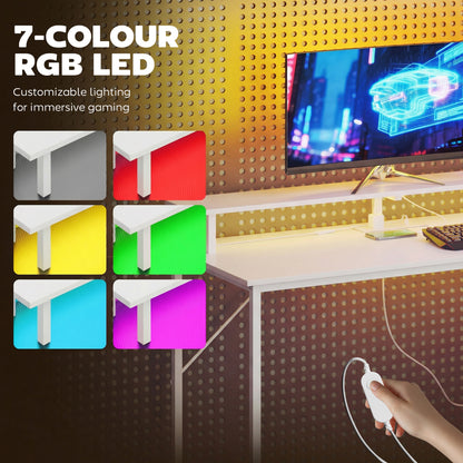 147cm Gaming Desk with Charging Station and RGB Lights, White
