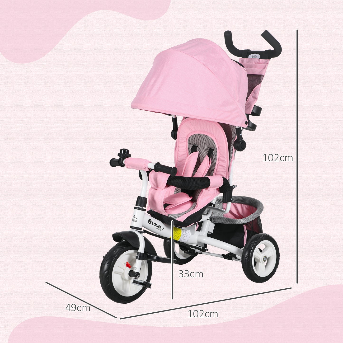 6 in 1 Kids Trike, Stroller with Parent Handle, Pink
