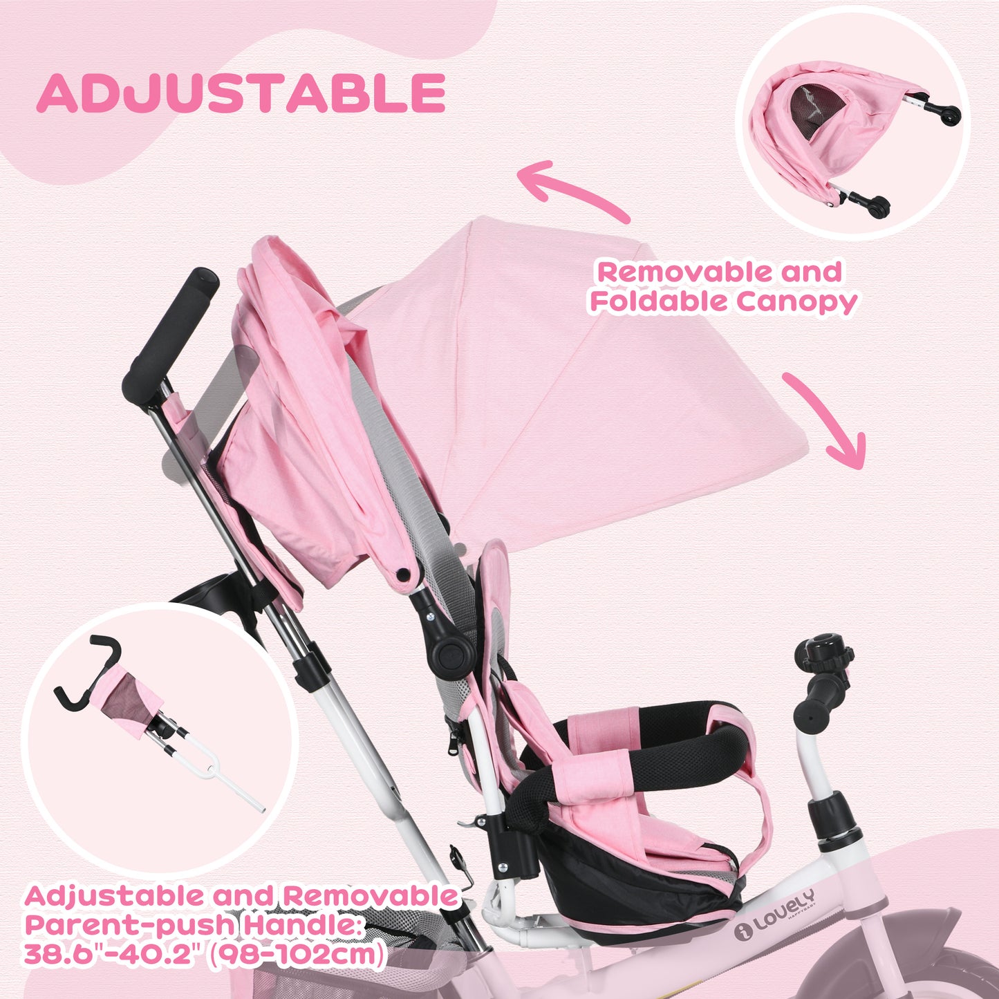 6 in 1 Kids Trike, Stroller with Parent Handle, Pink