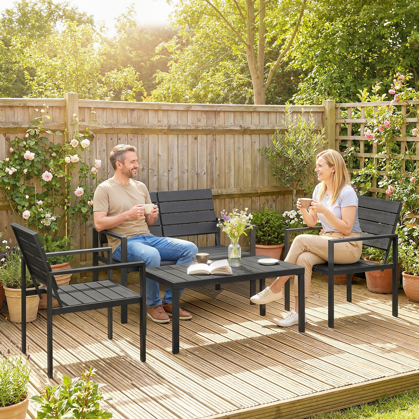 4 Piece Garden Furniture Set, HDPE Metal Outdoor Sofa, Black