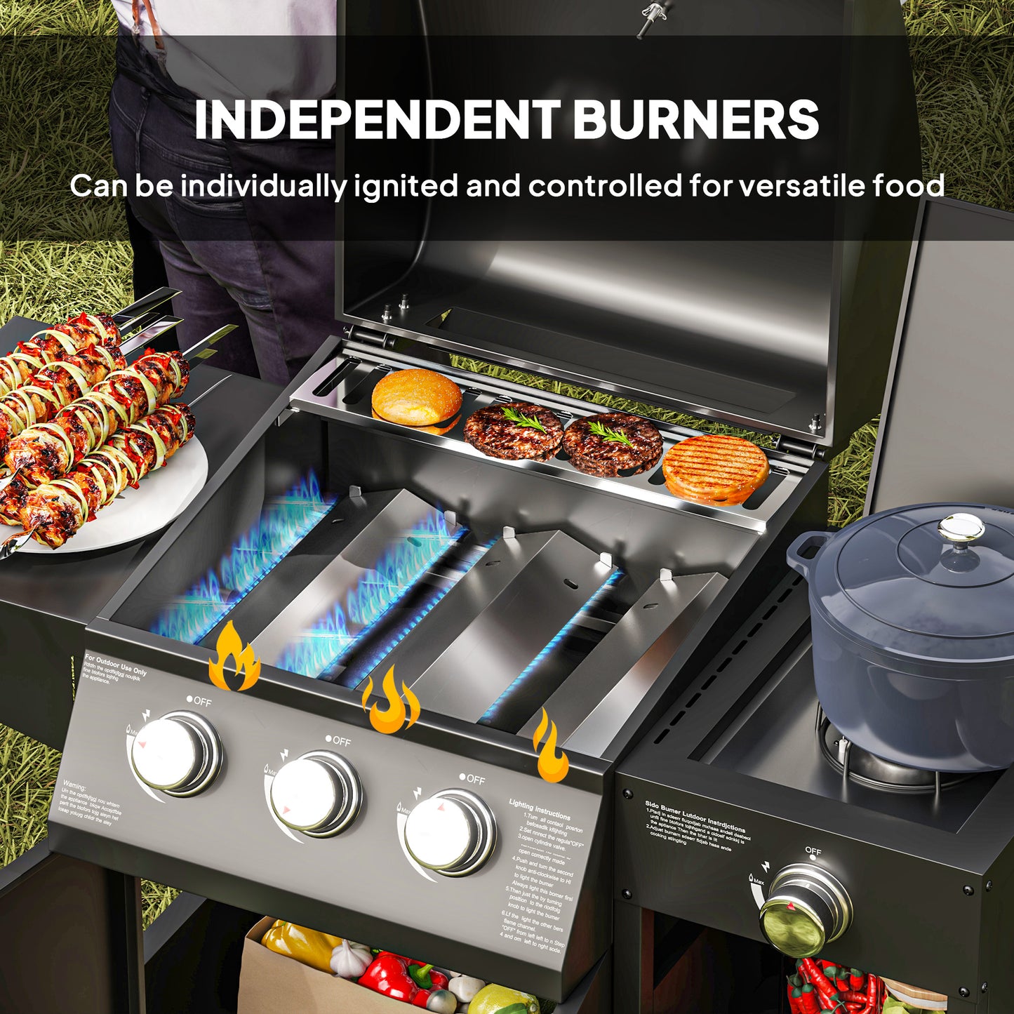 9.5 kW Gas Barbecue with 3+1 Burner, Storage Cabinet and Shelves