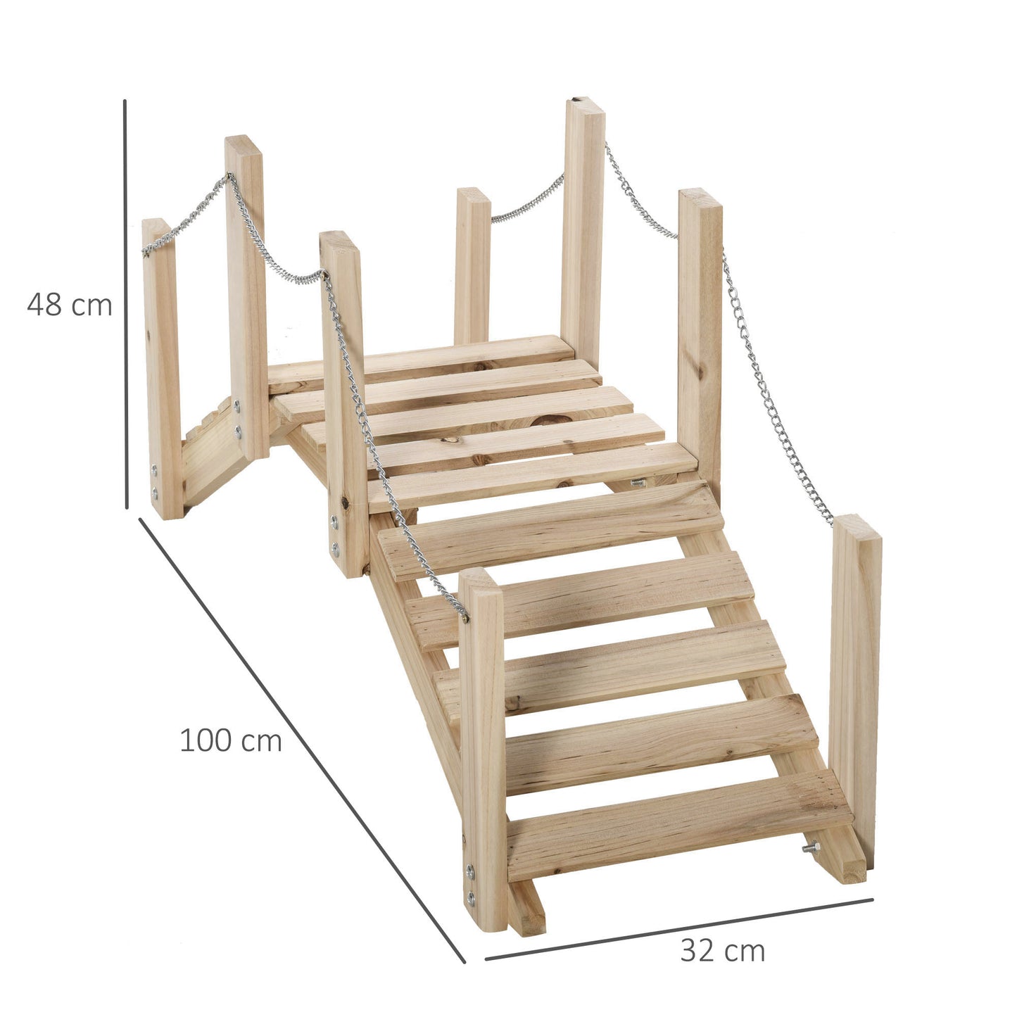 Fir Wooden Garden Bridge, Arch Walkway with Metal Chain Railings