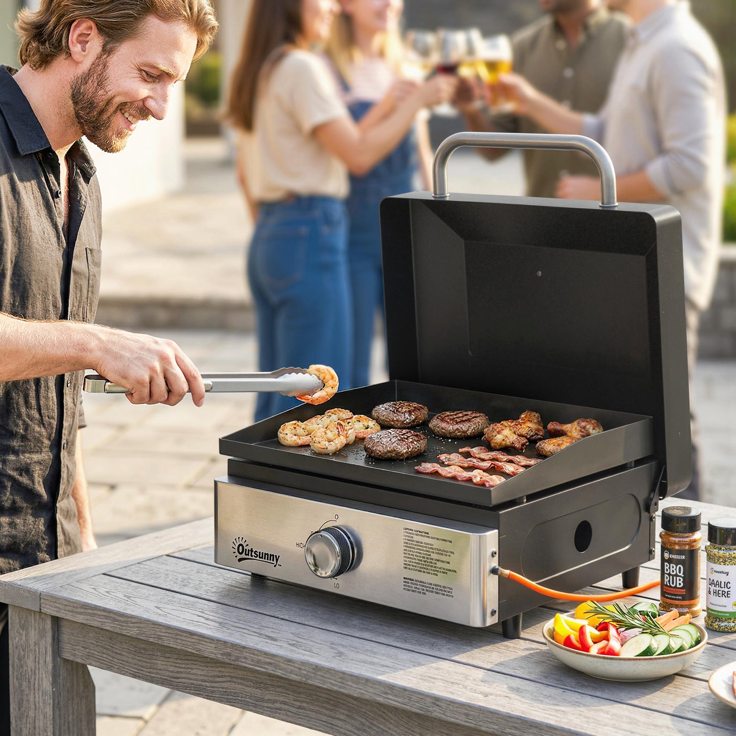 Grill Griddle, Tabletop Gas BBQ with Grease Cup, Black