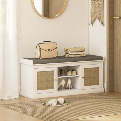 Shoe Bench, Boho Shoe Storage Bench with Padded Cushion, White