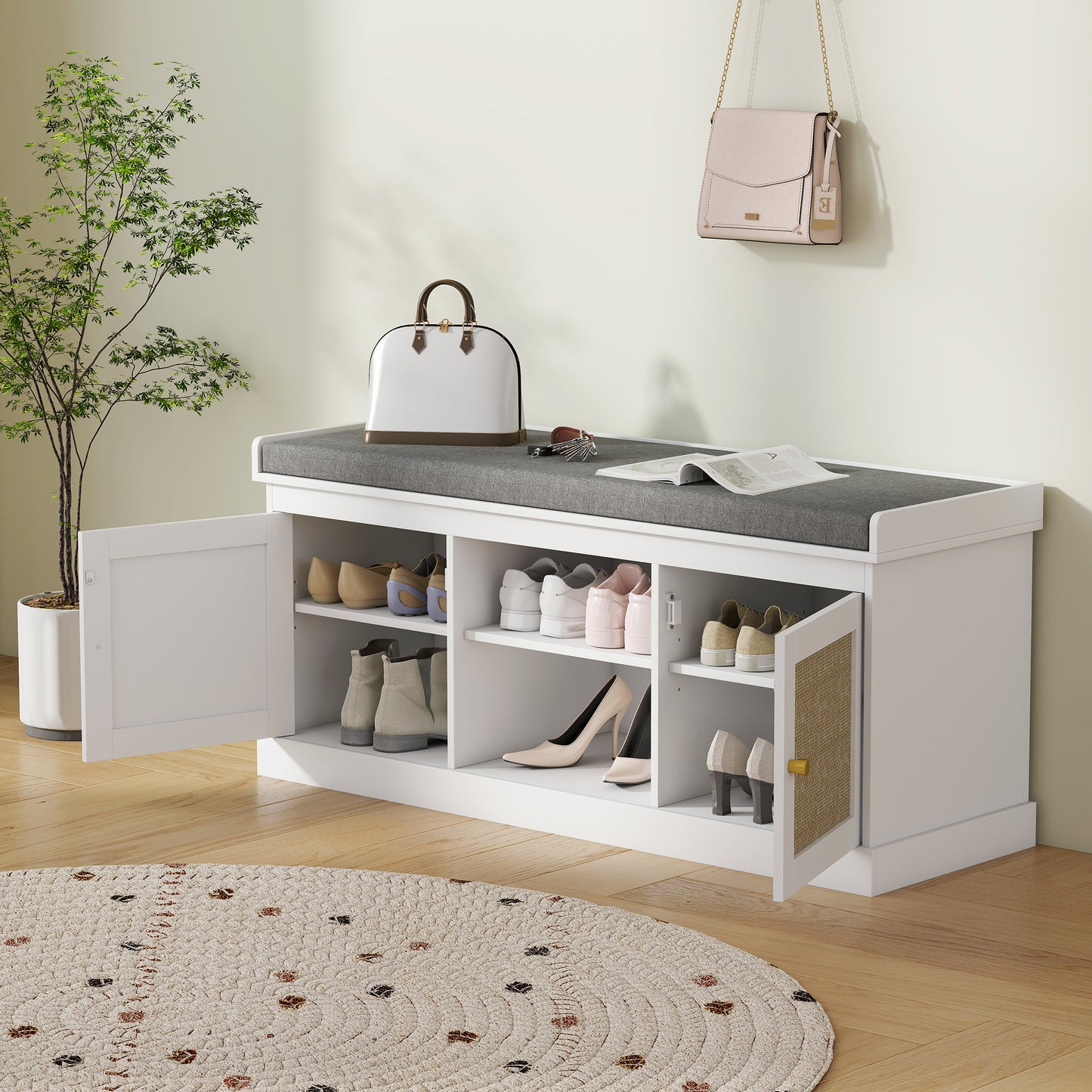 Shoe Bench, Boho Shoe Storage Bench with Padded Cushion, White