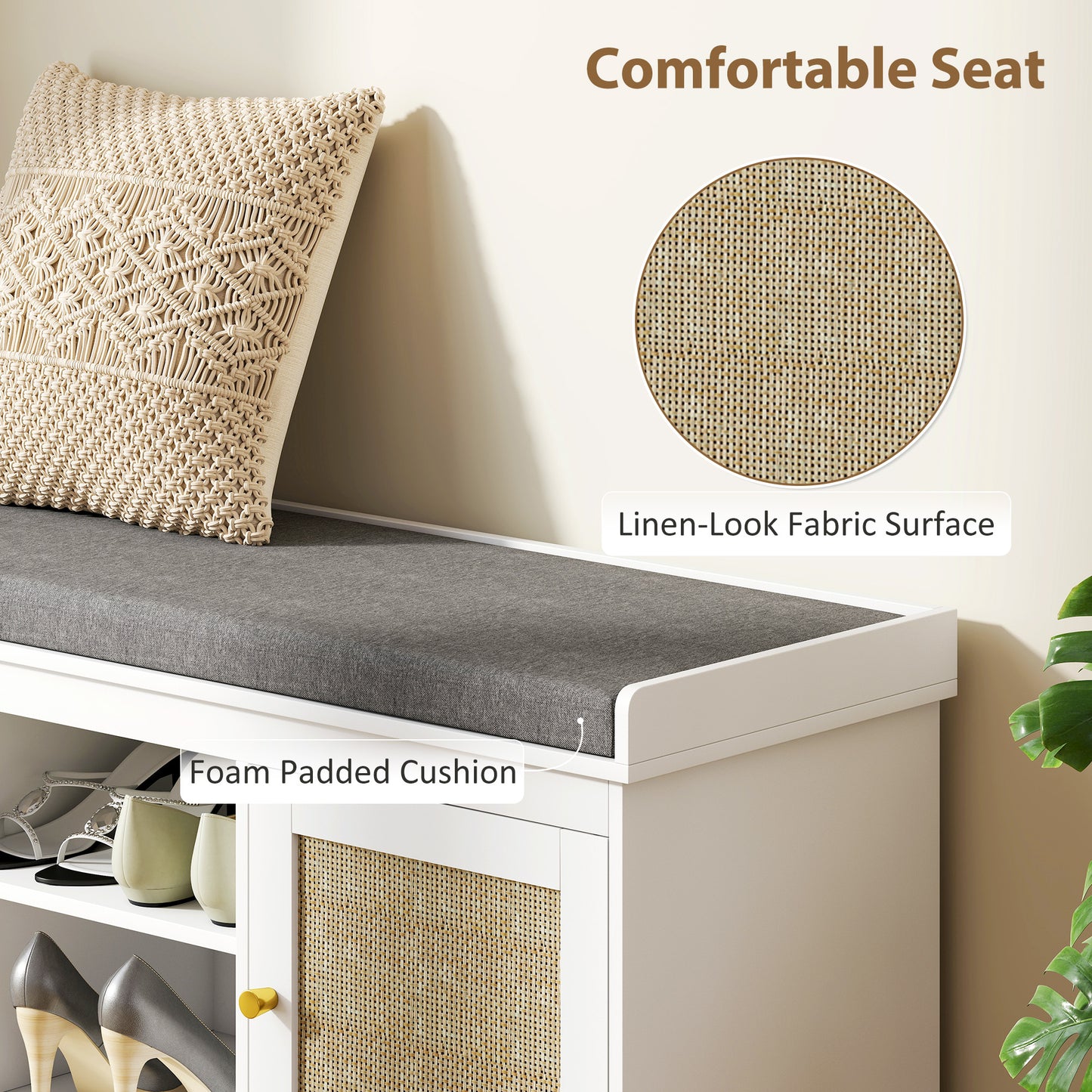 Shoe Bench, Boho Shoe Storage Bench with Padded Cushion, White