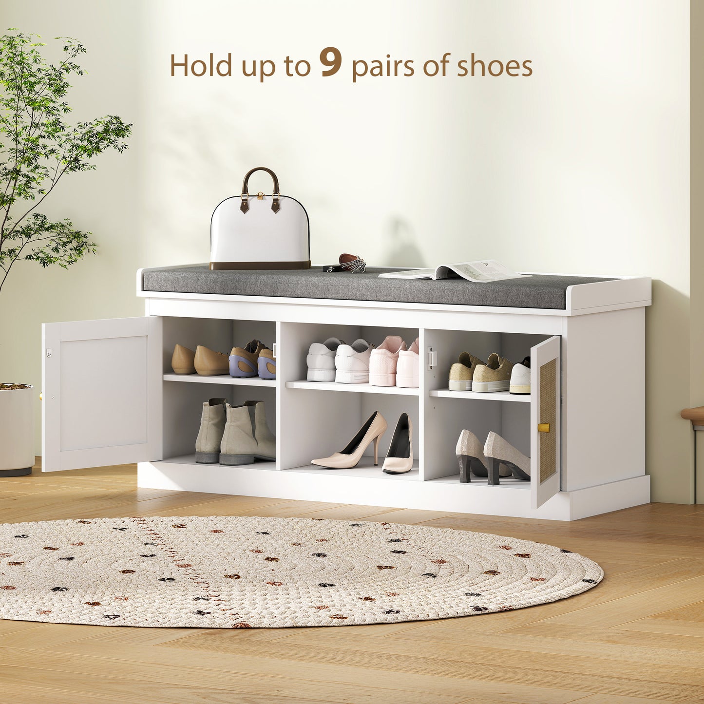 Shoe Bench, Boho Shoe Storage Bench with Padded Cushion, White