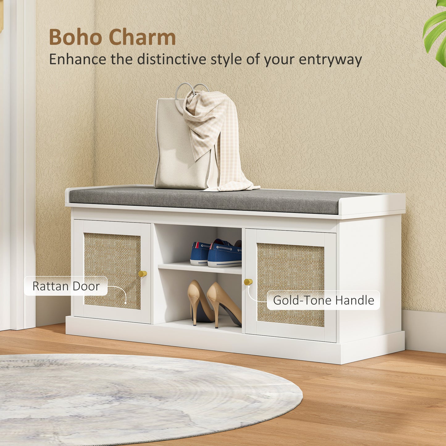 Shoe Bench, Boho Shoe Storage Bench with Padded Cushion, White