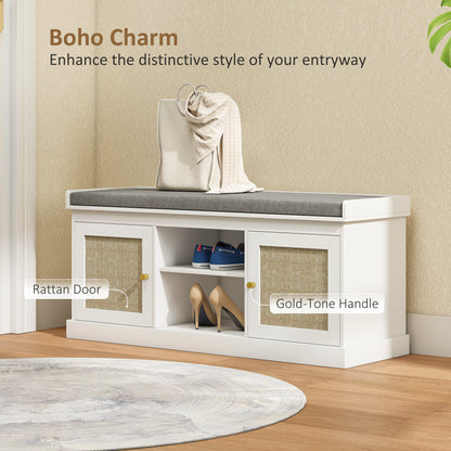 Shoe Bench, Boho Shoe Storage Bench with Padded Cushion, White