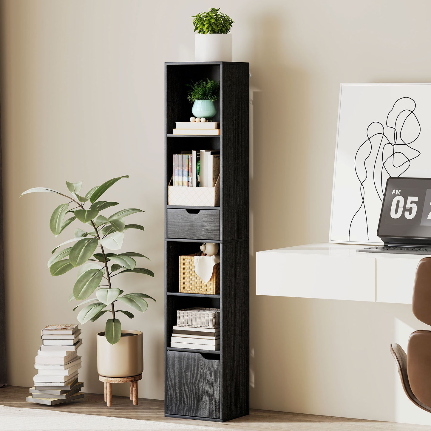 Narrow Bookshelf with Drawer, Tall Bookcase for Living Room, Black