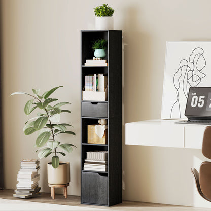 Narrow Bookshelf with Drawer, Tall Bookcase for Living Room, Black