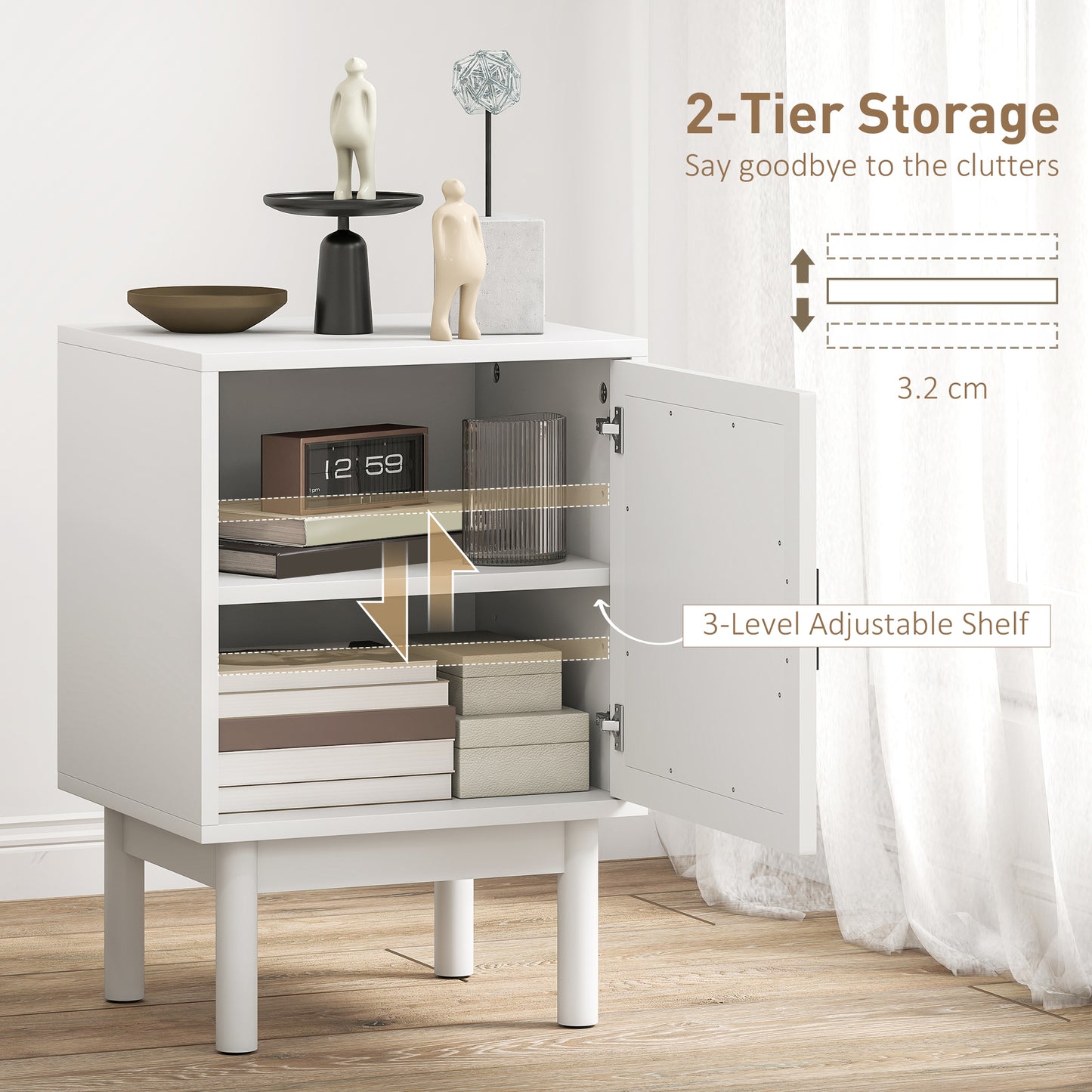 Boho Bedside Table with Rattan Door and Adjustable Shelf, White