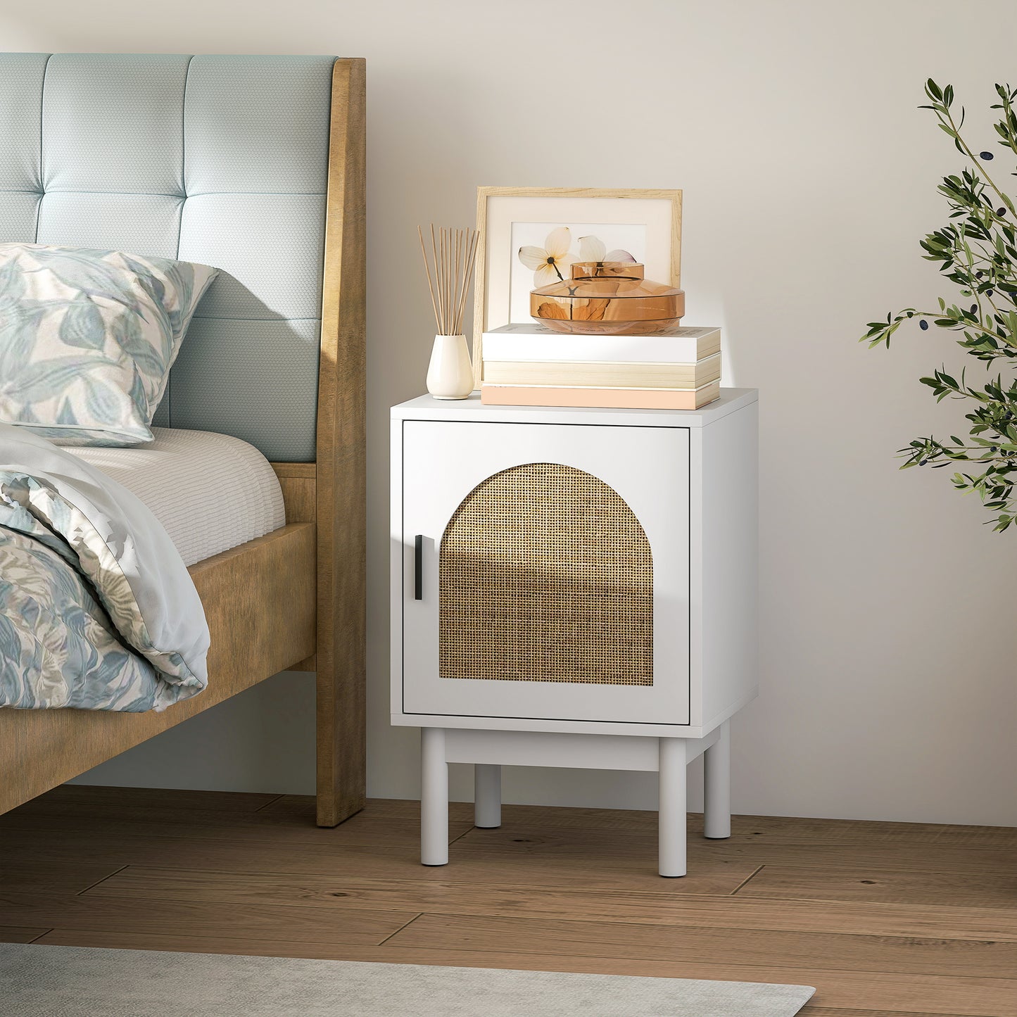 Boho Bedside Table with Rattan Door and Adjustable Shelf, White