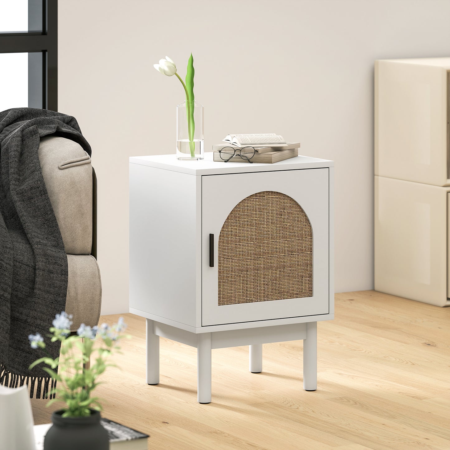 Boho Bedside Table with Rattan Door and Adjustable Shelf, White