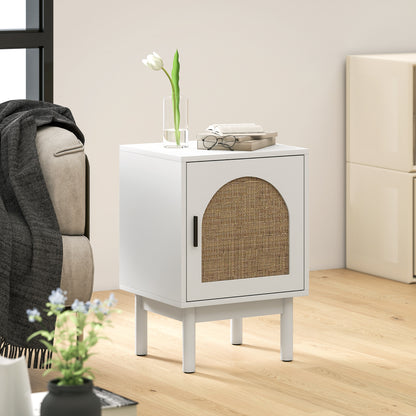 Boho Bedside Table with Rattan Door and Adjustable Shelf, White