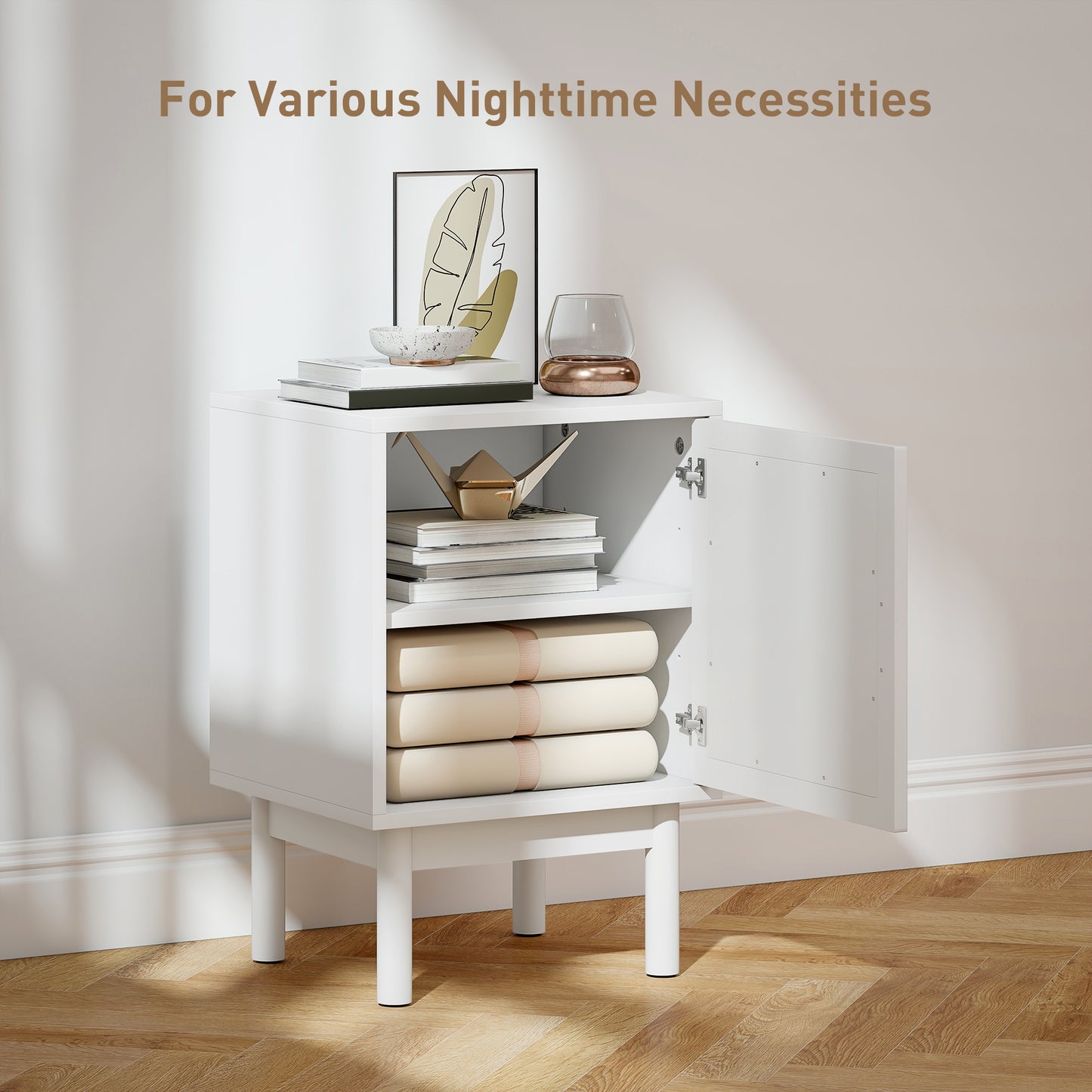 Boho Bedside Table with Rattan Door and Adjustable Shelf, White
