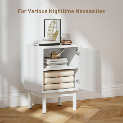 Boho Bedside Table with Rattan Door and Adjustable Shelf, White