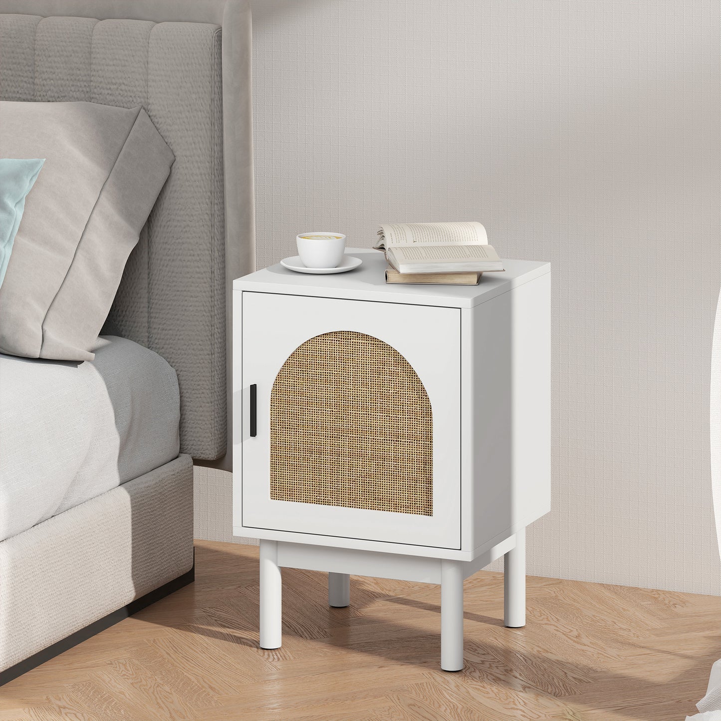 Boho Bedside Table with Rattan Door and Adjustable Shelf, White