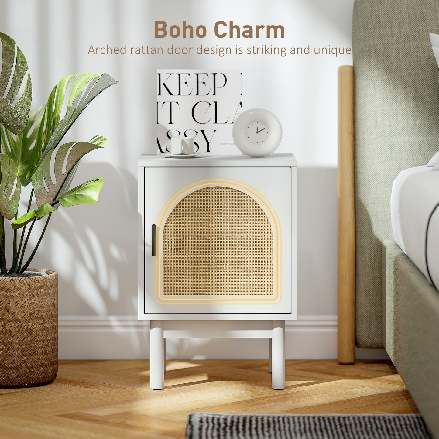 Boho Bedside Table with Rattan Door and Adjustable Shelf, White