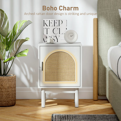 Boho Bedside Table with Rattan Door and Adjustable Shelf, White
