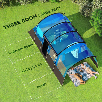 8-Person Camping Tent Tunnel Design with 4 Large Windows Blue