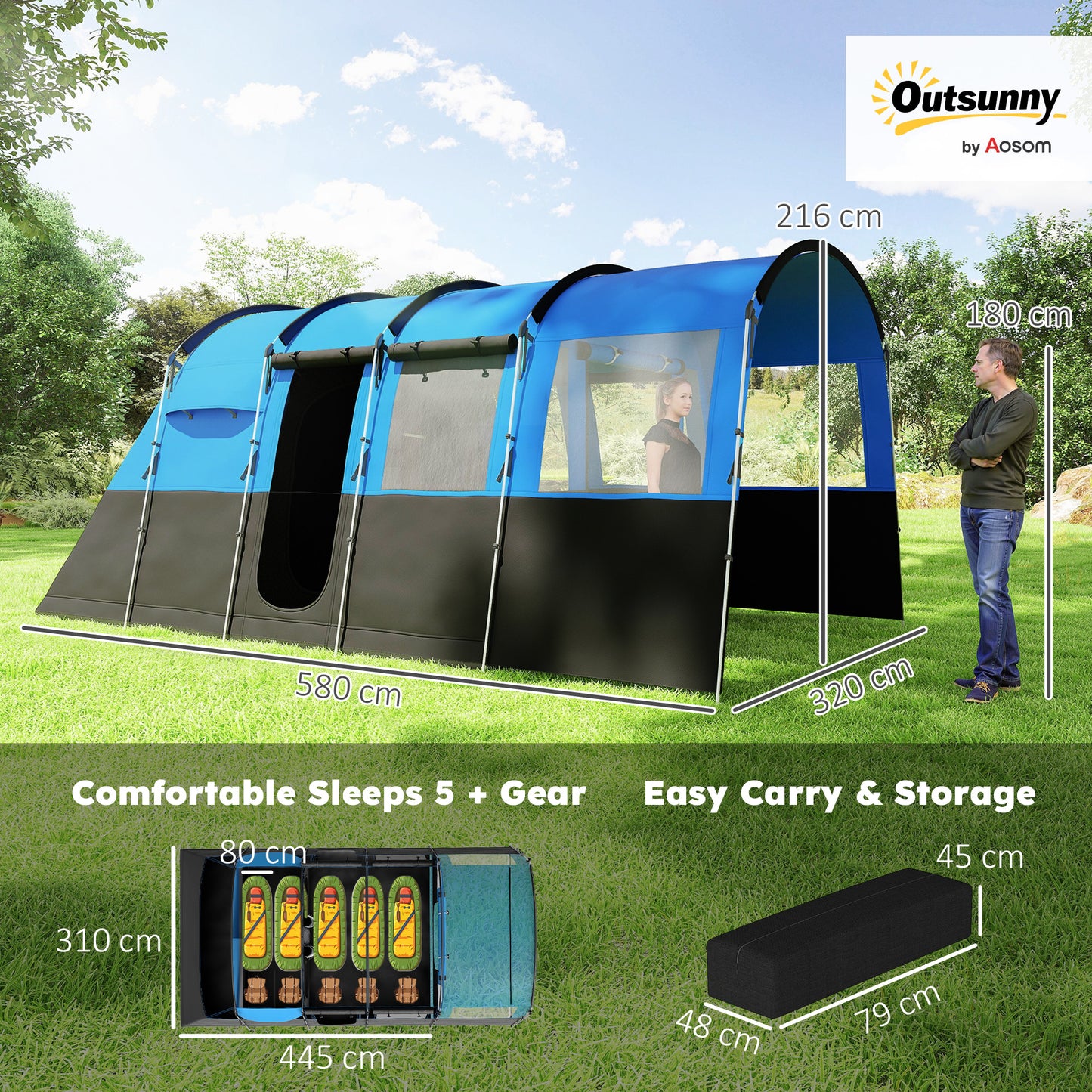 8-Person Camping Tent Tunnel Design with 4 Large Windows Blue