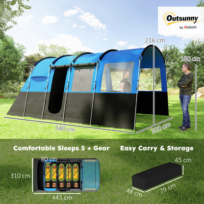 8-Person Camping Tent Tunnel Design with 4 Large Windows Blue