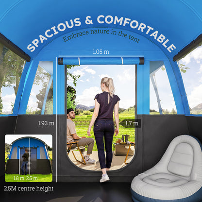 8-Person Camping Tent Tunnel Design with 4 Large Windows Blue