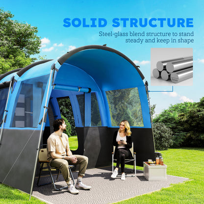 8-Person Camping Tent Tunnel Design with 4 Large Windows Blue