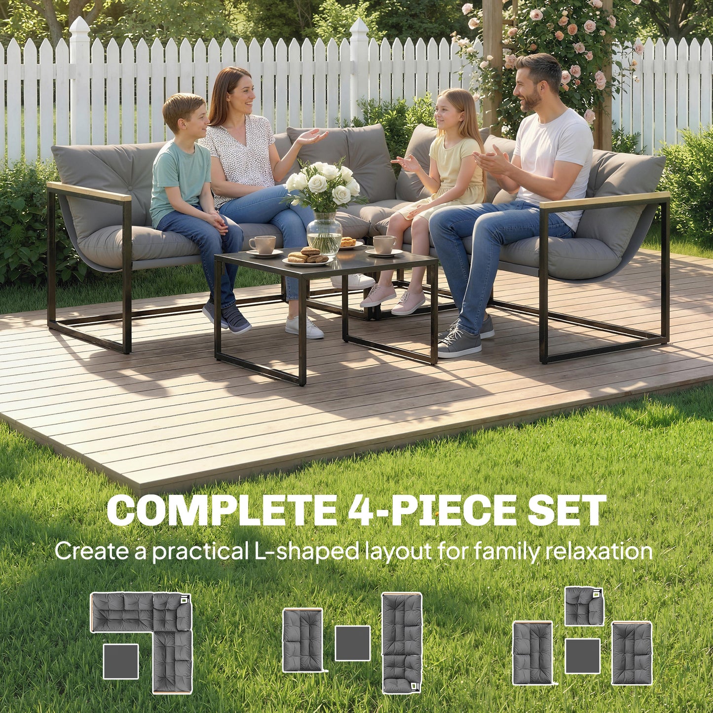 4 Piece Garden Furniture Set with Cushions Coffee Table, Grey