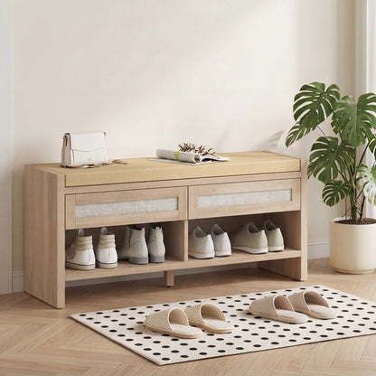 Shoe Bench with 2 Rattan Drawers, Boho Shoe Storage Bench with Linen-Look Cushioned Seat and Open Shelf, for Entryway, Living Room, Bedroom, 105 x 35 x 50 cm, Oak Wood Effect