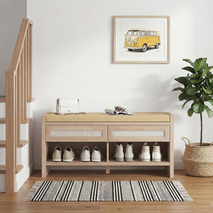 Shoe Bench with 2 Rattan Drawers, Boho Shoe Storage Bench with Linen-Look Cushioned Seat and Open Shelf, for Entryway, Living Room, Bedroom, 105 x 35 x 50 cm, Oak Wood Effect
