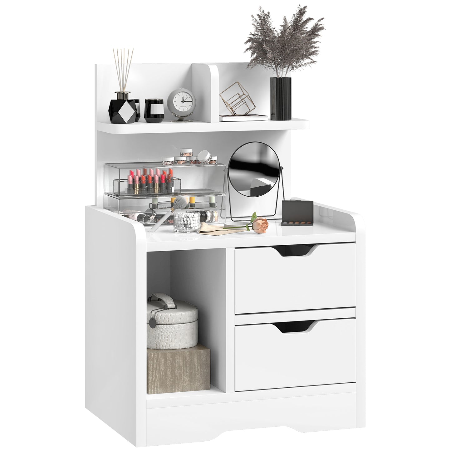 Modern Bedside Table with 2 Drawers and Open Shelves for Bedroom
