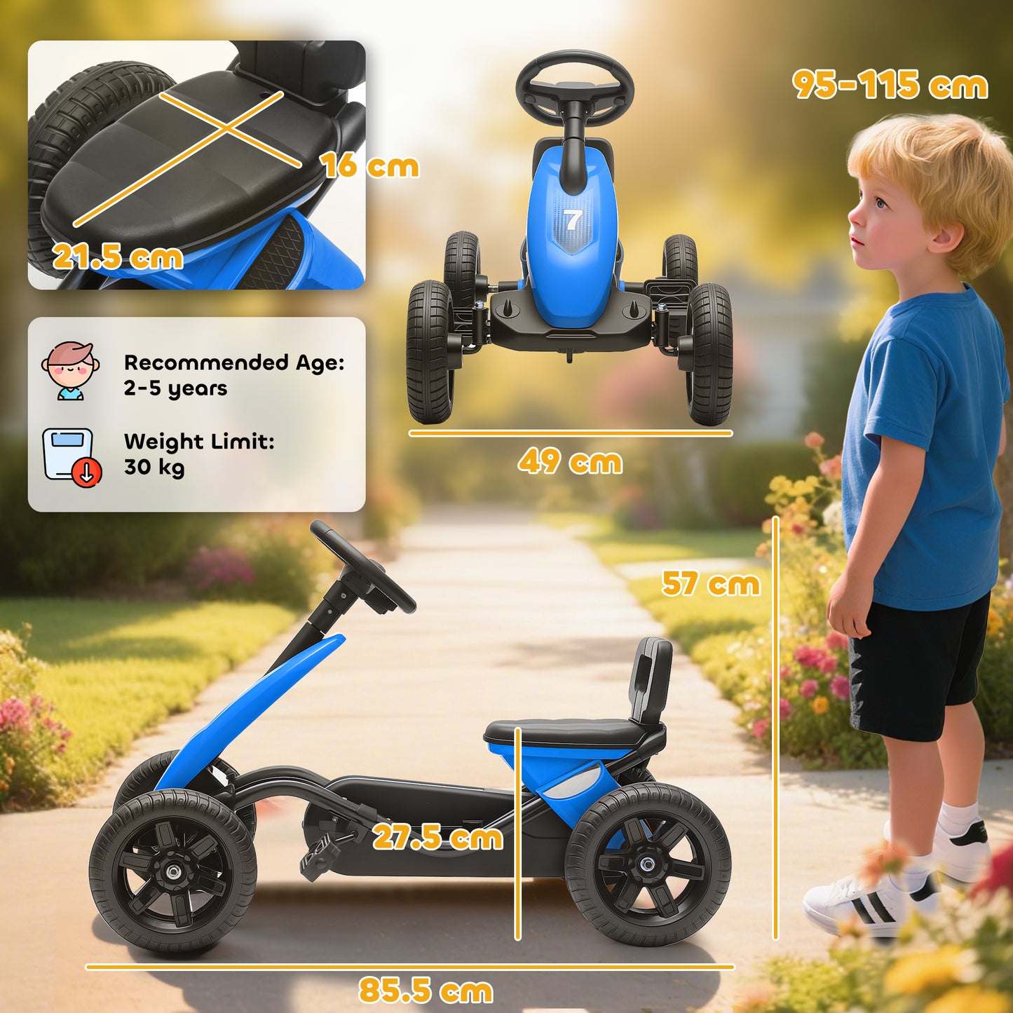 Pedal Go-Kart for Kids with Silent EVA Wheels, Metal Frame, Blue