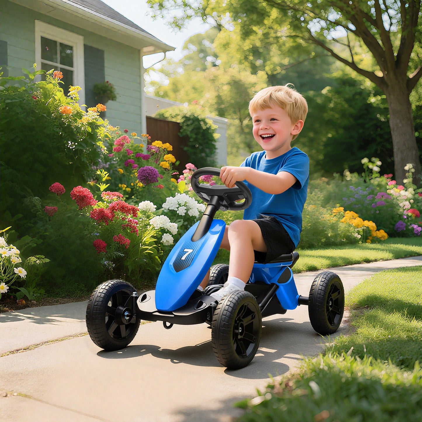 Pedal Go-Kart for Kids with Silent EVA Wheels, Metal Frame, Blue