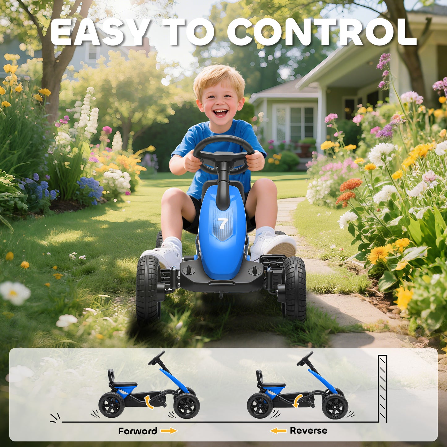 Pedal Go-Kart for Kids with Silent EVA Wheels, Metal Frame, Blue