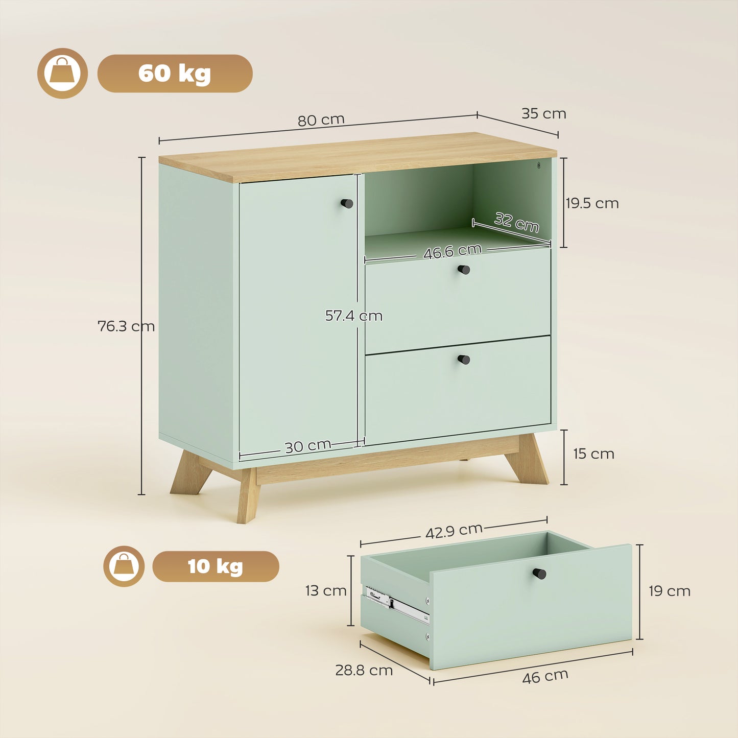 Sideboard, 80 cm Buffet Cabinet with 2 Drawers, Light Green and Oak