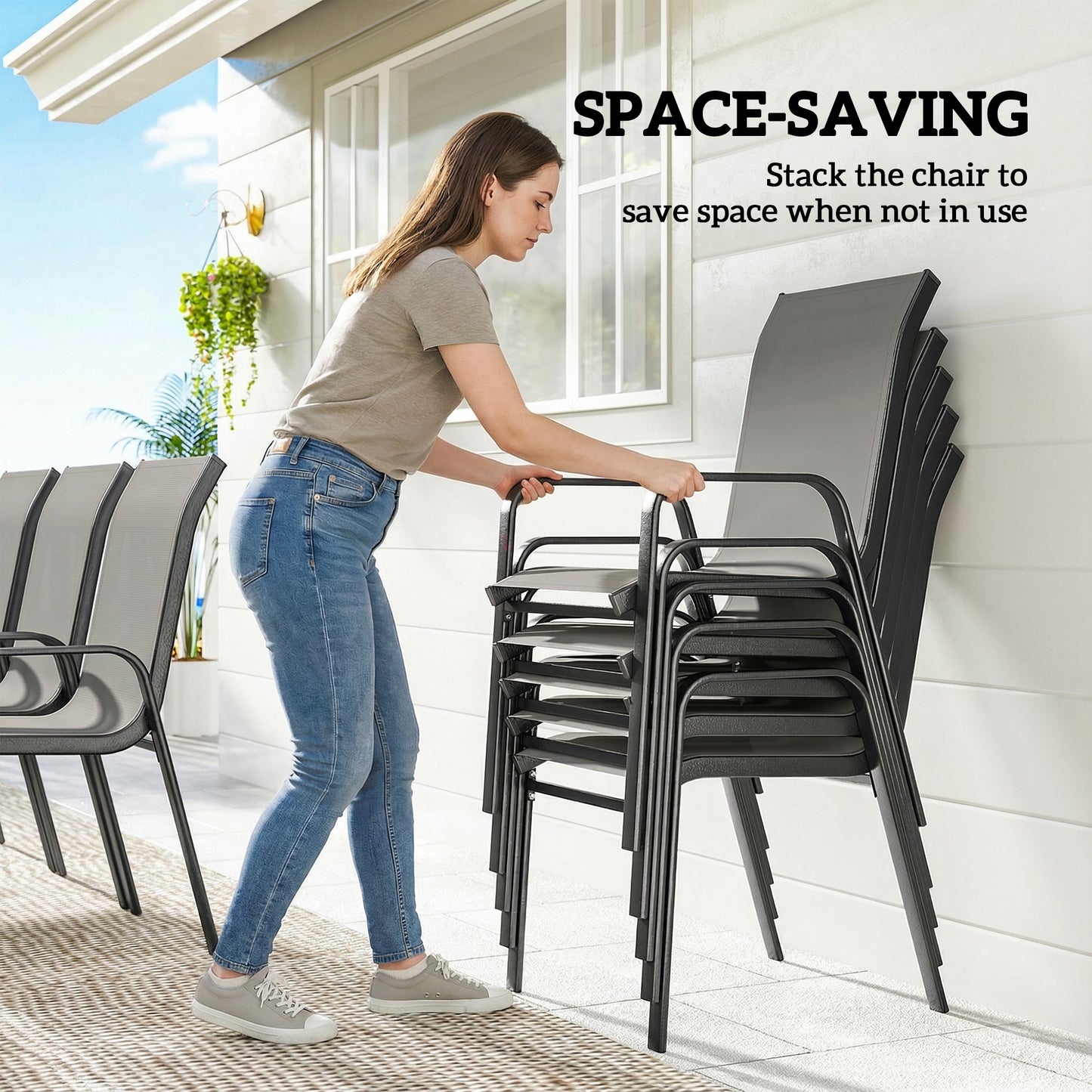 9 Pieces Patio Dining Set with Stackable Chairs, Dark Grey