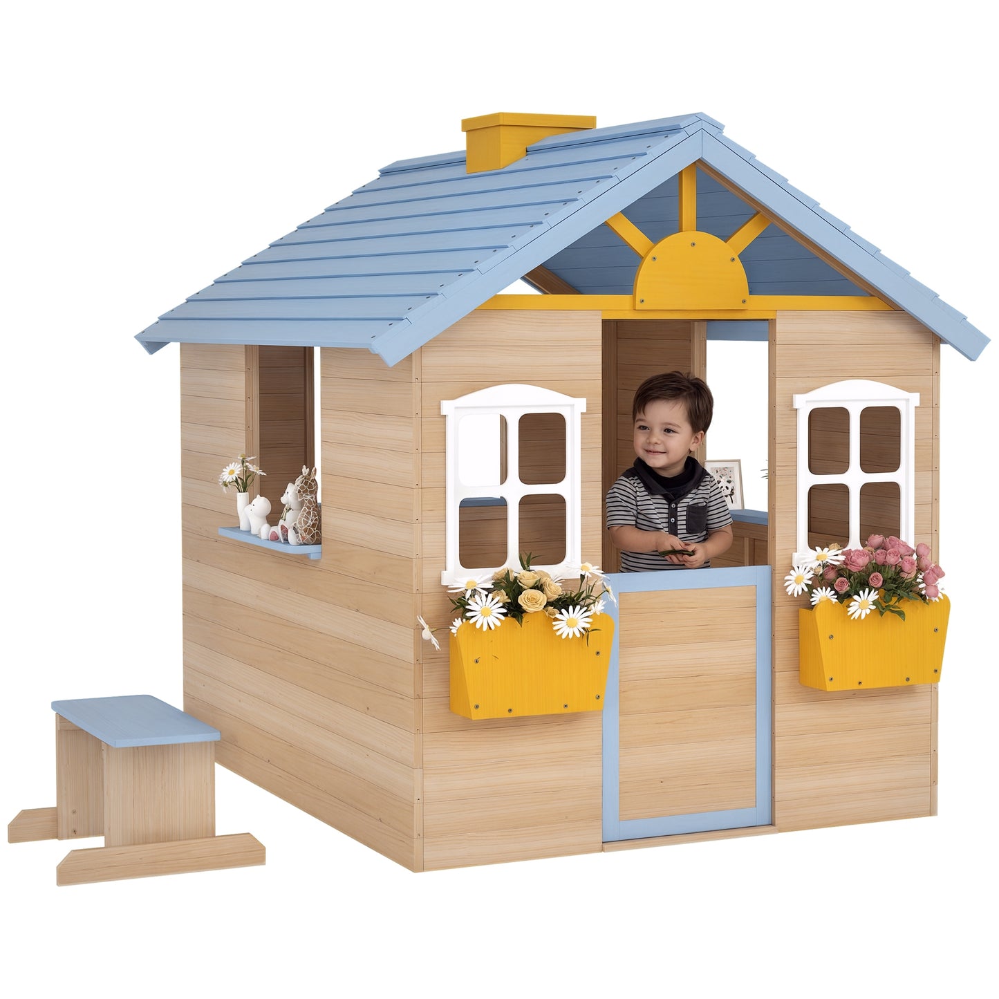 Wooden Kids Playhouse w/ Door, Windows, Bench, For 3-7 Years Blue