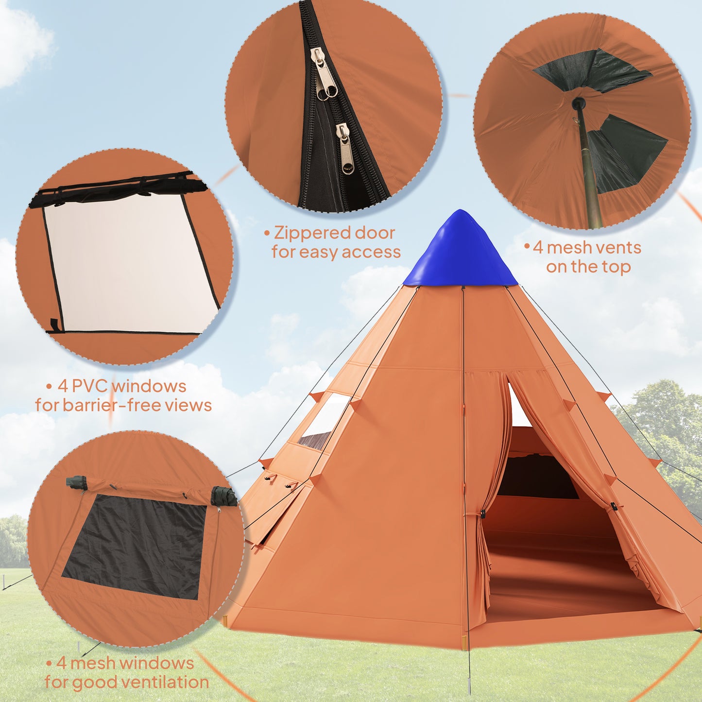 6-7 Person Large Family Party Camping Tent W/ Carrying Bag, Orange