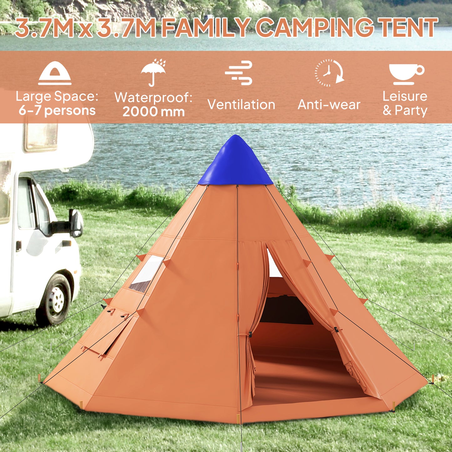 6-7 Person Large Family Party Camping Tent W/ Carrying Bag, Orange