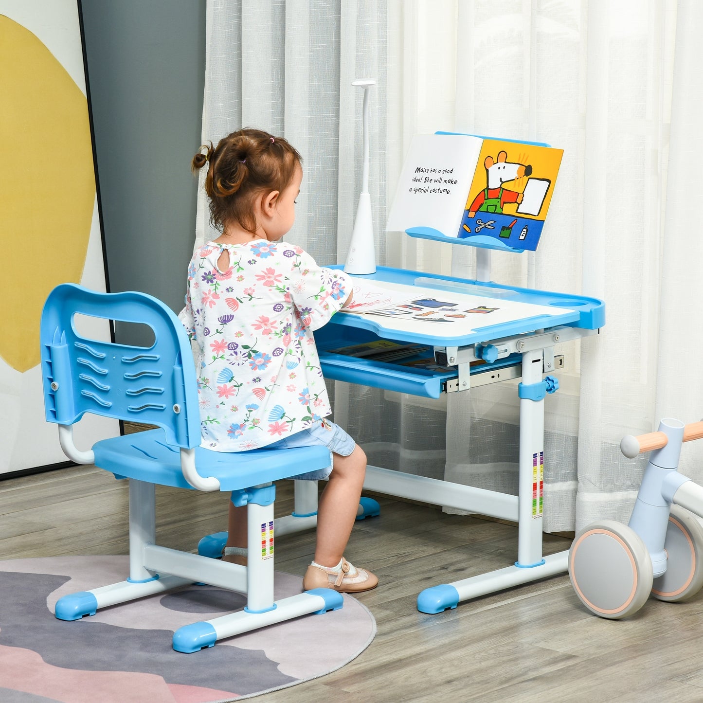 Kids Study Desk and Chair Set w/ USB Lamp, Adjustable Height, Blue