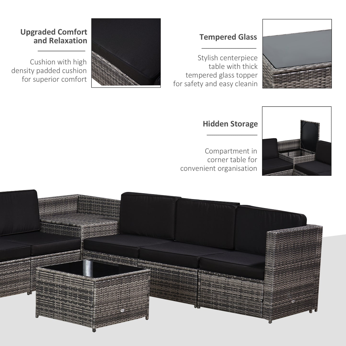 Outsunny 8 pcs Outdoor Rattan Garden Furniture Patio Sofa and Table Set with Cushions 6 Seater Corner Wicker Seat with Storage, Grey